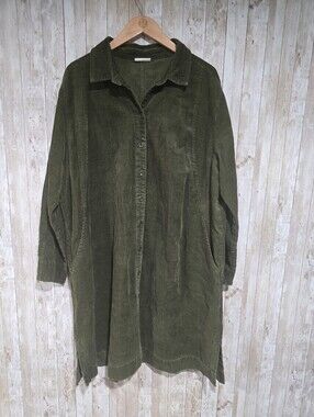 Poetry Corduroy Dress Button Front A-Line Pockets green Hemp Blend Size 16